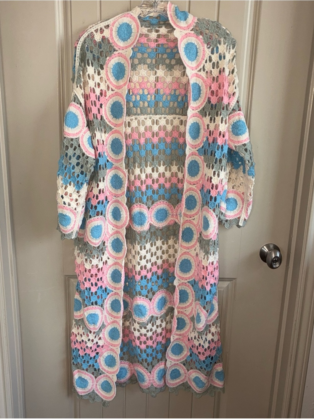 POL Pastel Crochet Openwork Cardigan in Pink, Blue & Cream